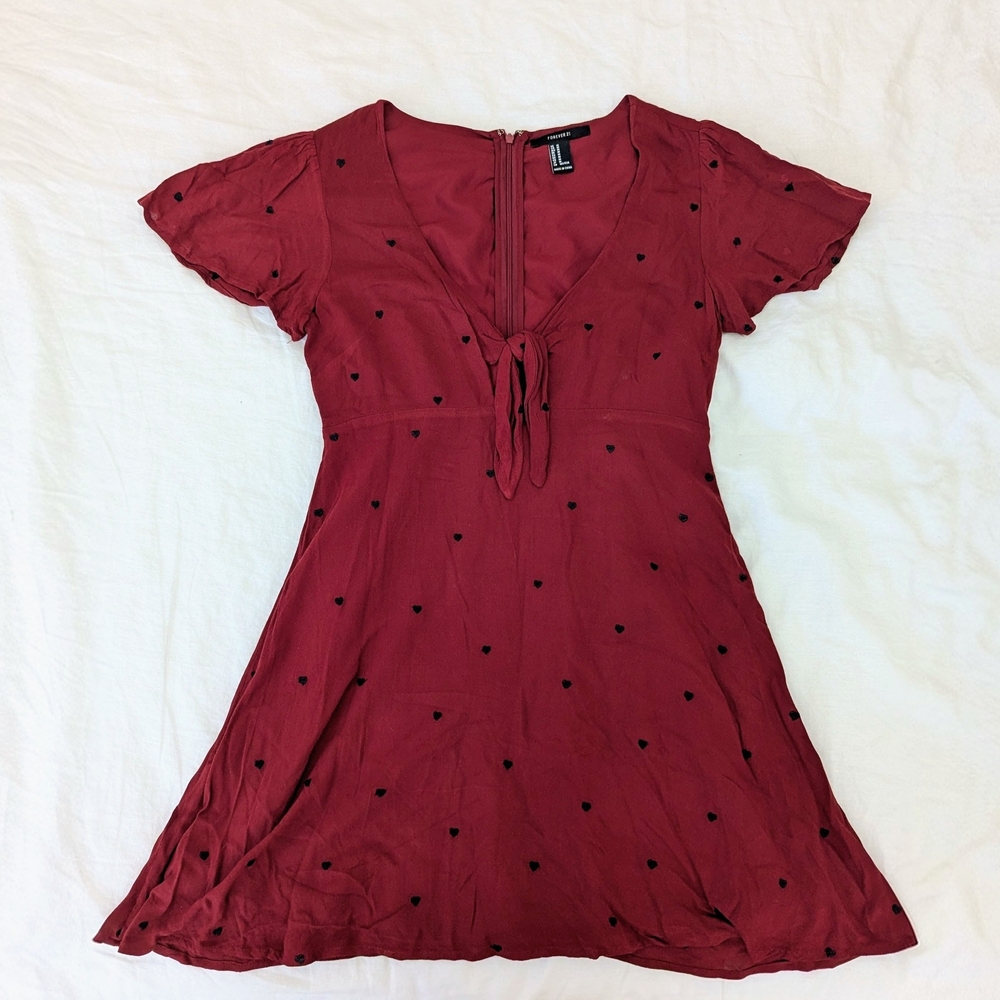 Forever 21 Burgundy Short-Sleeve Tie-Front Mini Dress